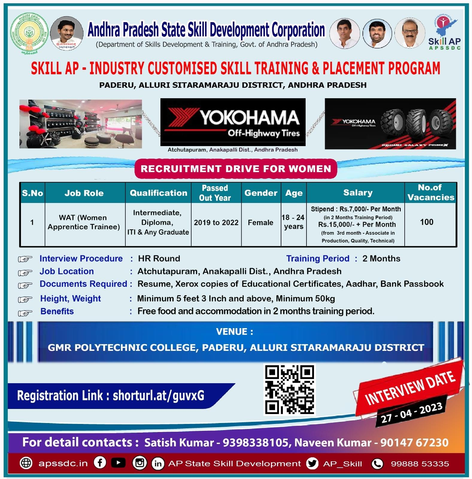 APSSDC Recruitment 2023 at okohama (Off Highway Tires) WAT (Women Apprentice Trainee) Jobs